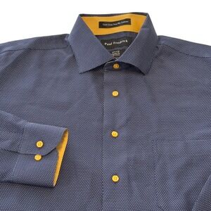 Paul Fredrick Mens Classic Fit Non-Iron Cotton Dress Shirt Navy Yellow 15.5x32